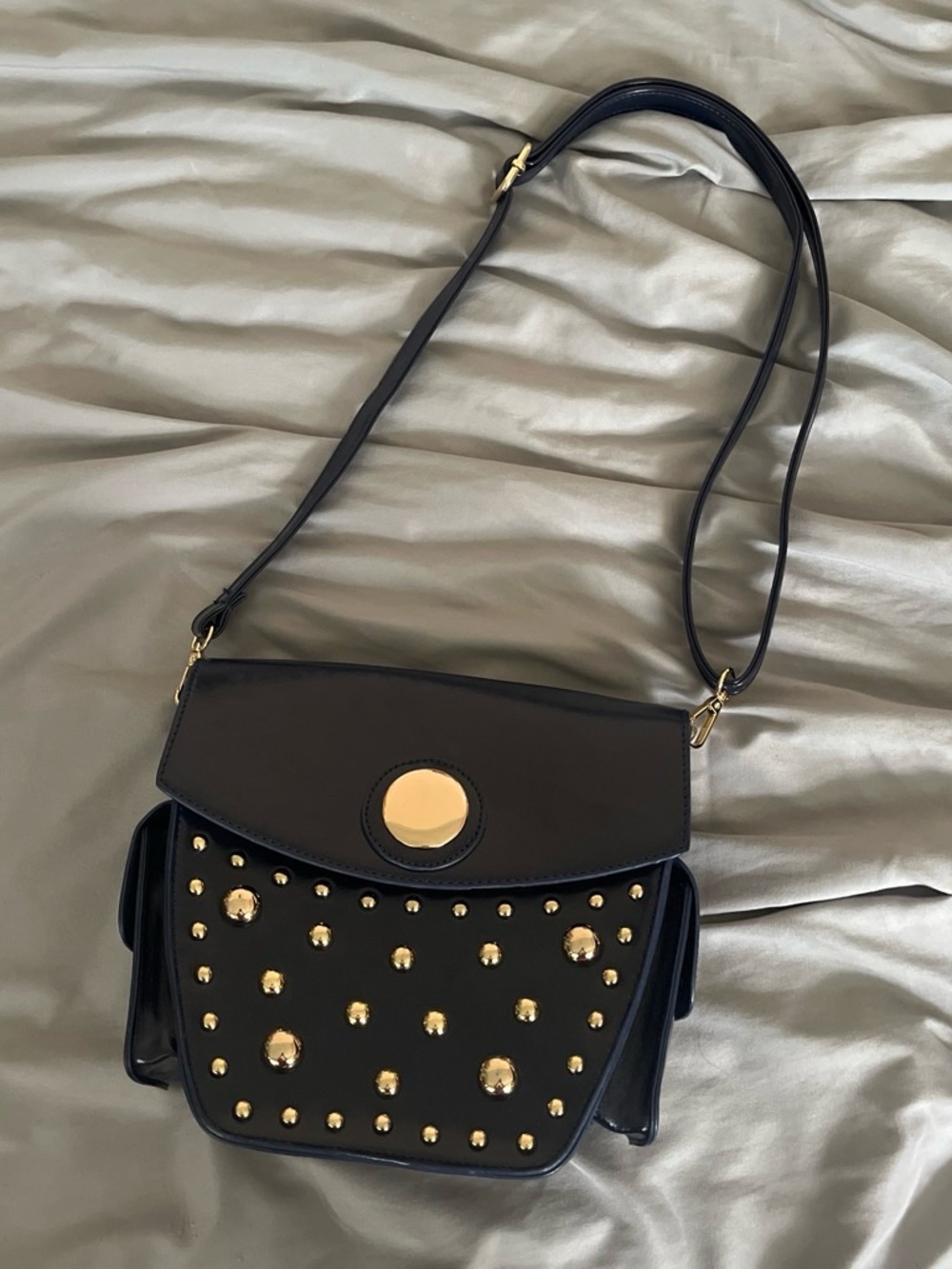 Pink Haley Navy Crossbody Bag with Gold Studs and Hardware